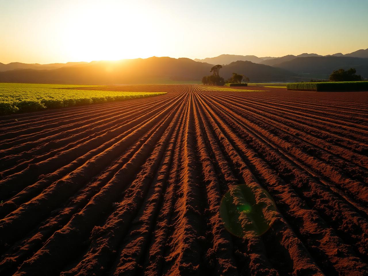Campo arado no interior do Brasil, com solo preparado e lavoura ao fundo